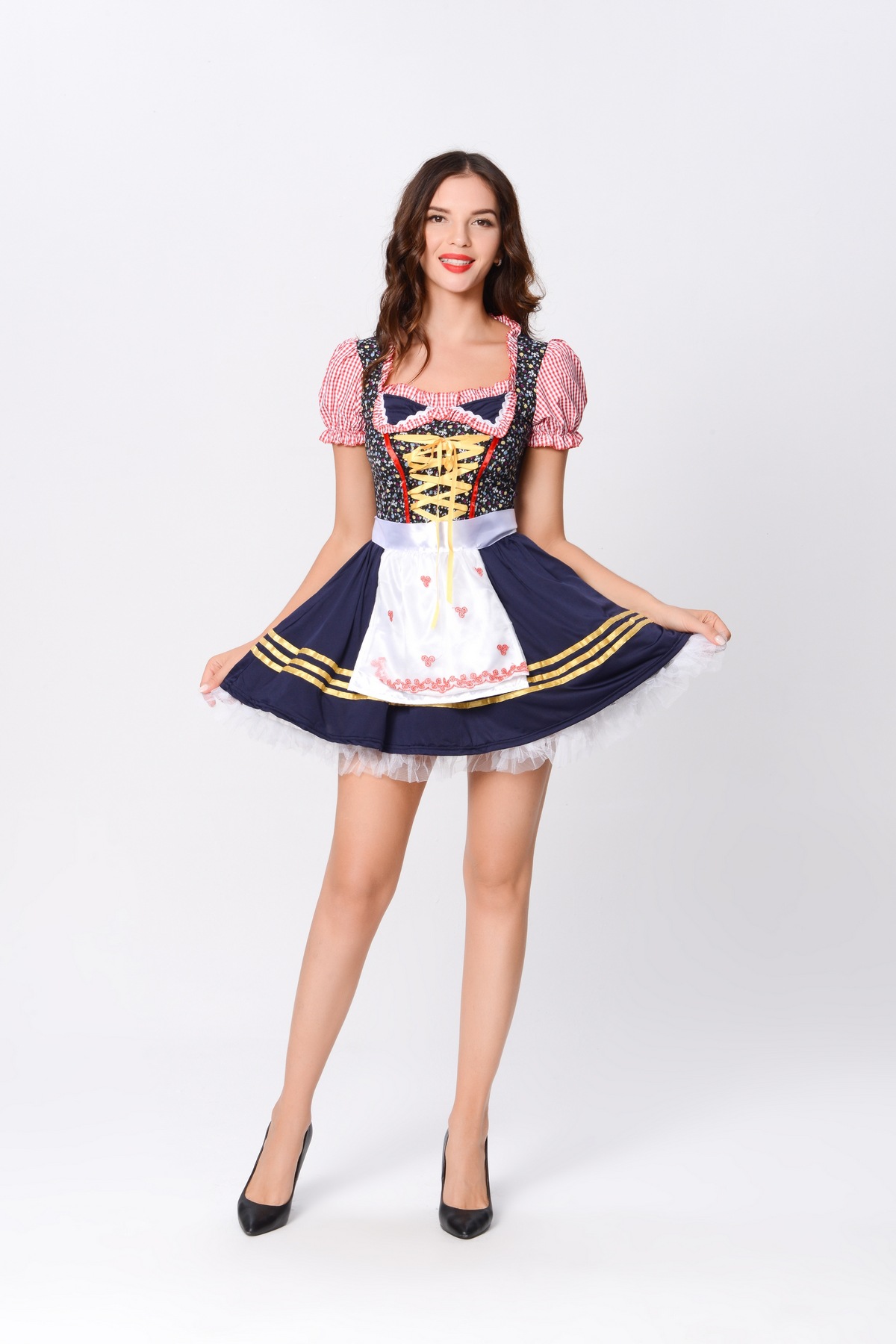 Traditional Oktoberfest Dirndl Dress Floral Corset Top with Red Gingham Design